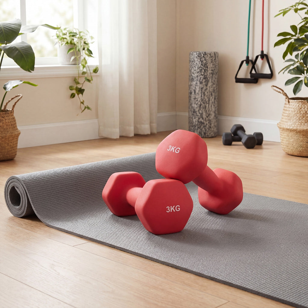 JOYFURNOSLot de 2 haltères hexagonaux en néoprène, 2 x 3 kg, avec barres d’haltères, entraînement à domicile, Rouge