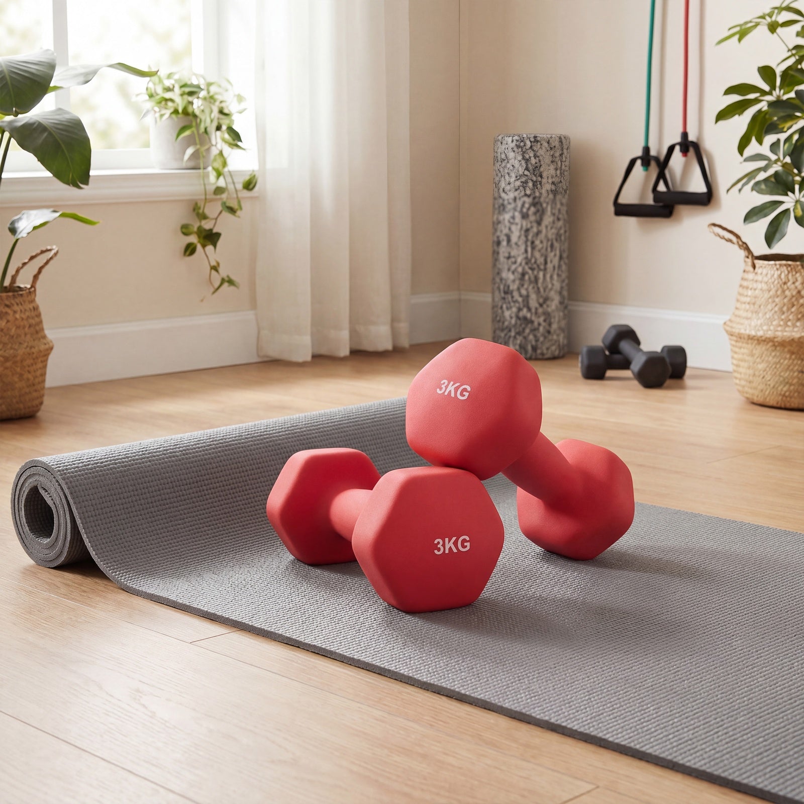 JOYFURNOSLot de 2 haltères hexagonaux en néoprène, 2 x 3 kg, avec barres d’haltères, entraînement à domicile, Rouge