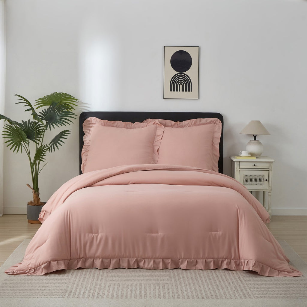 MEEALLHOME Parure de lit vintage à volants rose - 1 housse 135 x 200 cm et 1 taie 80 x 80 cm