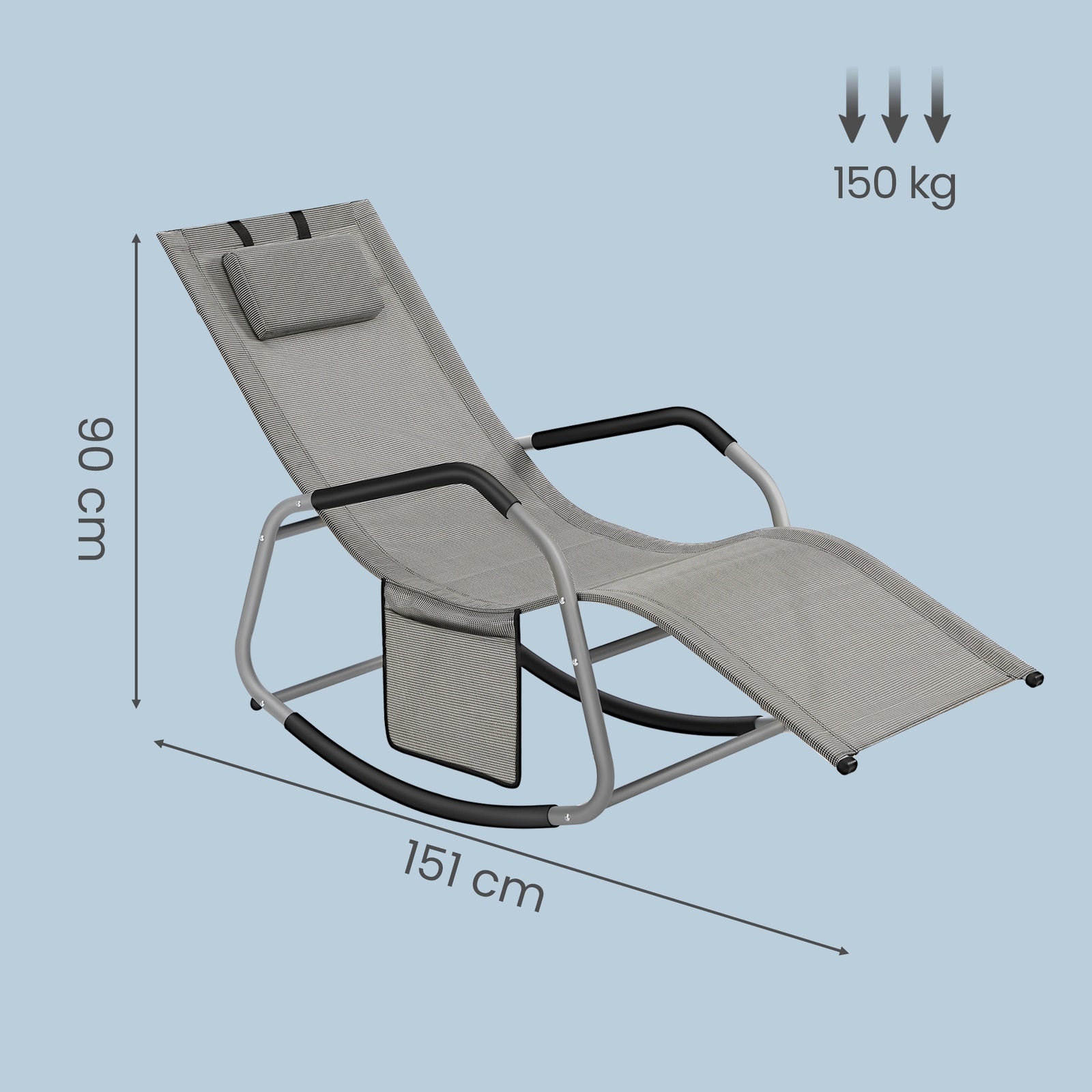 JOYFURNOS Chaise Relax de Jardin, Fauteuil à Bascule avec Poche, Cadre en Acier, Tissu Respirant, Gris Tourterelle