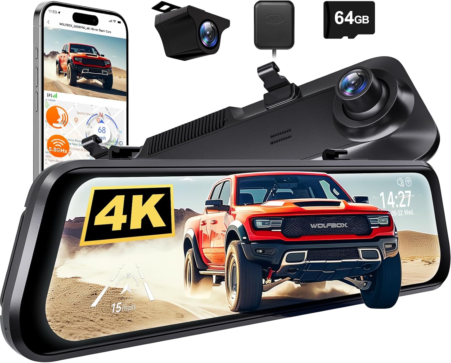 WOLFBOX G850 PRO Dashcam miroir 4K avec ADAS et BSD, commande vocale intelligente Wi-Fi 5,8 GHz, caméra arrière 12 pouces, carte 64 Go, GPS, capteur de gravité, enregistrement en boucle