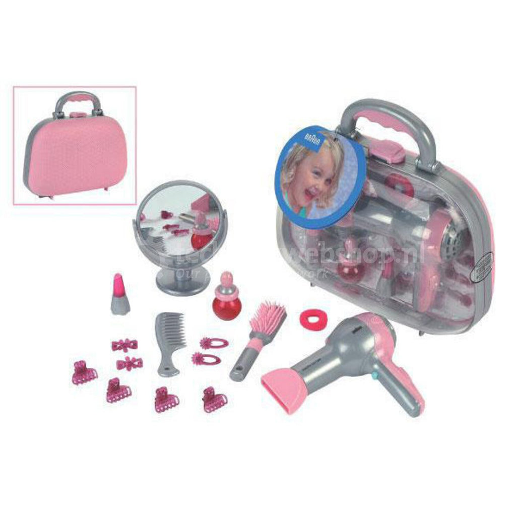 Theo Klein 5855 Mallette de coiffure avec sèche-cheveux Braun, miroir, peigne et accessoires, à piles, 27,5 cm x 11 cm x 22,2 cm, jouet enfant 3 ans et plus