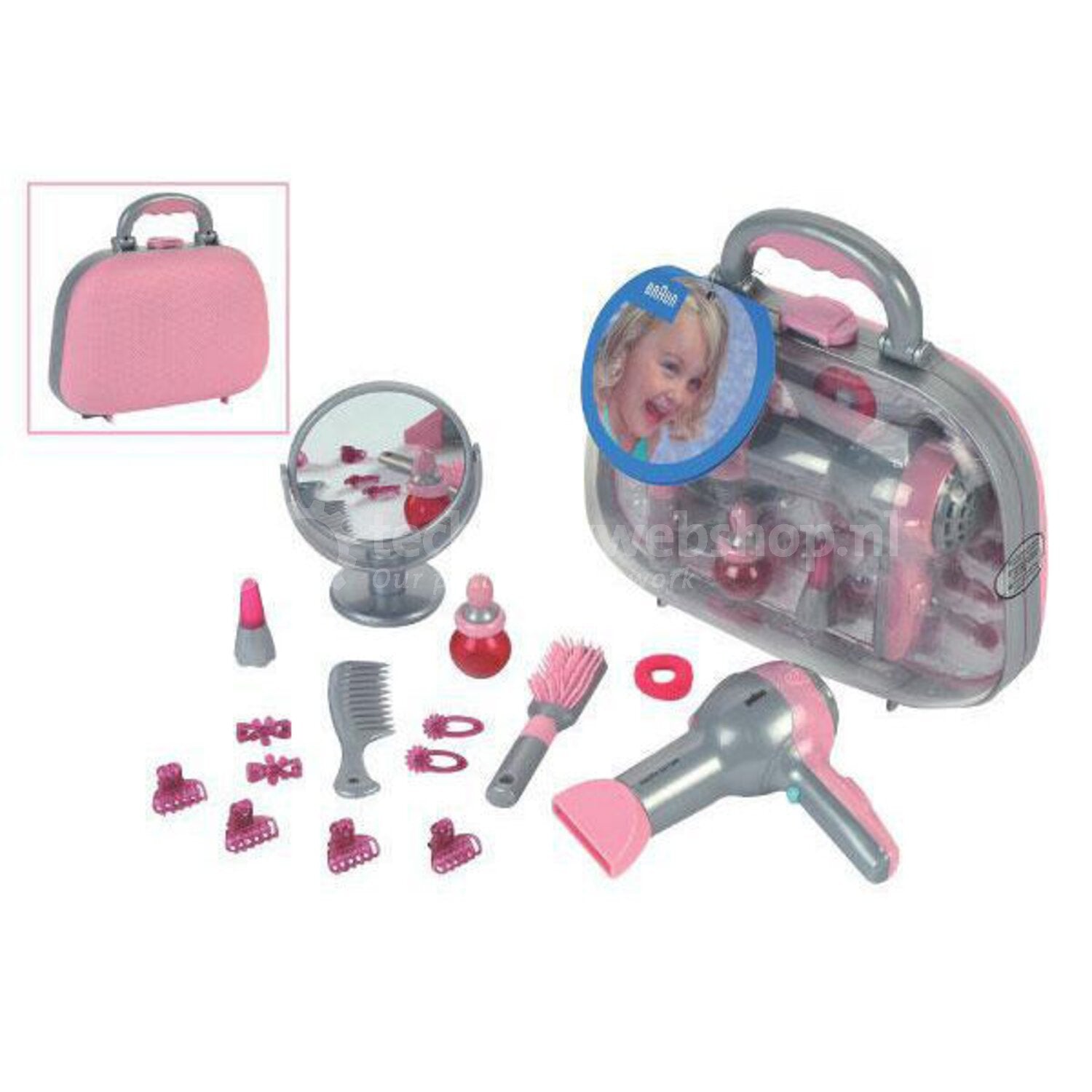 Theo Klein 5855 Mallette de coiffure avec sèche-cheveux Braun, miroir, peigne et accessoires, à piles, 27,5 cm x 11 cm x 22,2 cm, jouet enfant 3 ans et plus