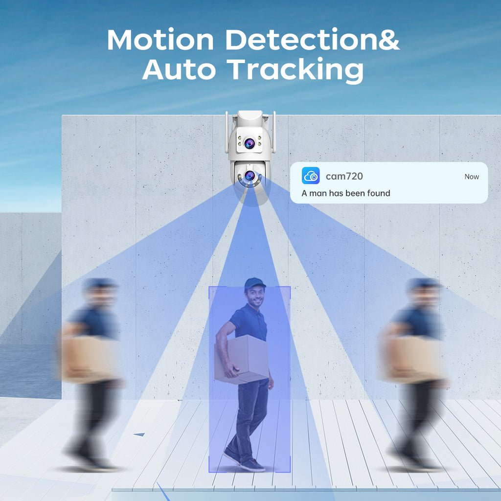 JOOAN Caméra de sécurité extérieure HD 2K à double objectif, Double Wi-Fi 5 GHz 2,4 GHz filaire, Rotation PTZ, Audio bidirectionnel, Alarme sonore et lumineuse, Suivi automatique
