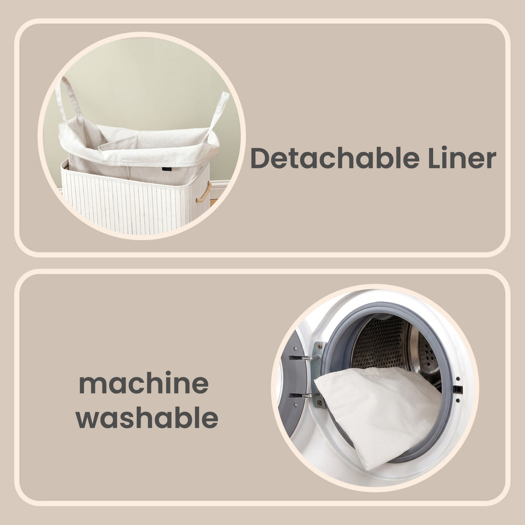 JOYFURNOS Grand Panier à Linge en Bambou, Panier à Linge Pliable à 2 Compartiments avec Couvercle, Blanc