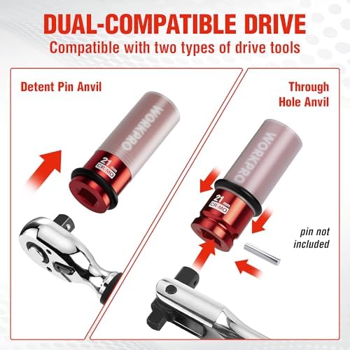WORKPRO Douille de protection de pneu 1/2" Dr. x 21 mm - Rouge avec anneau en caoutchouc
