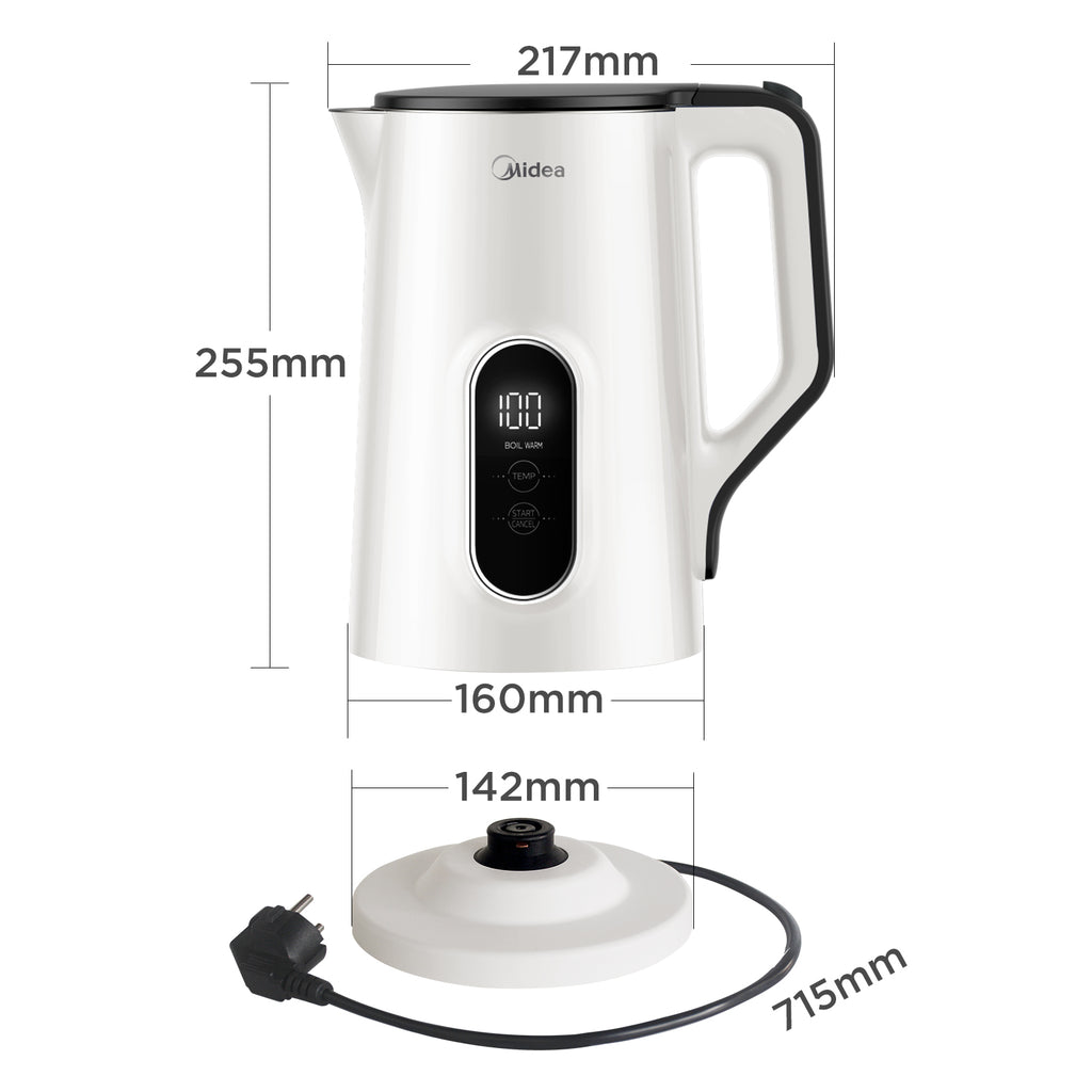 Midea Bouilloire 1,5 L en acier inoxydable, réglage de température variable 45-100 °C, 2200 W, double paroi, affichage numérique de la température, sans BPA et protections multiples