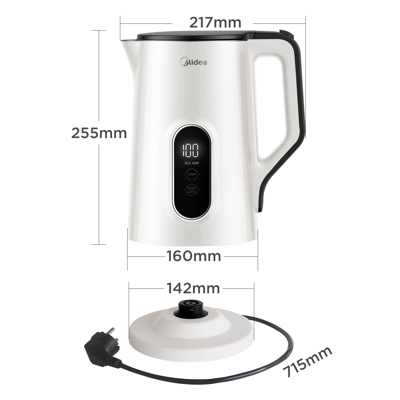 Midea Bouilloire 1,5 L en acier inoxydable, réglage de température variable 45-100 °C, 2200 W, double paroi, affichage numérique de la température, sans BPA et protections multiples