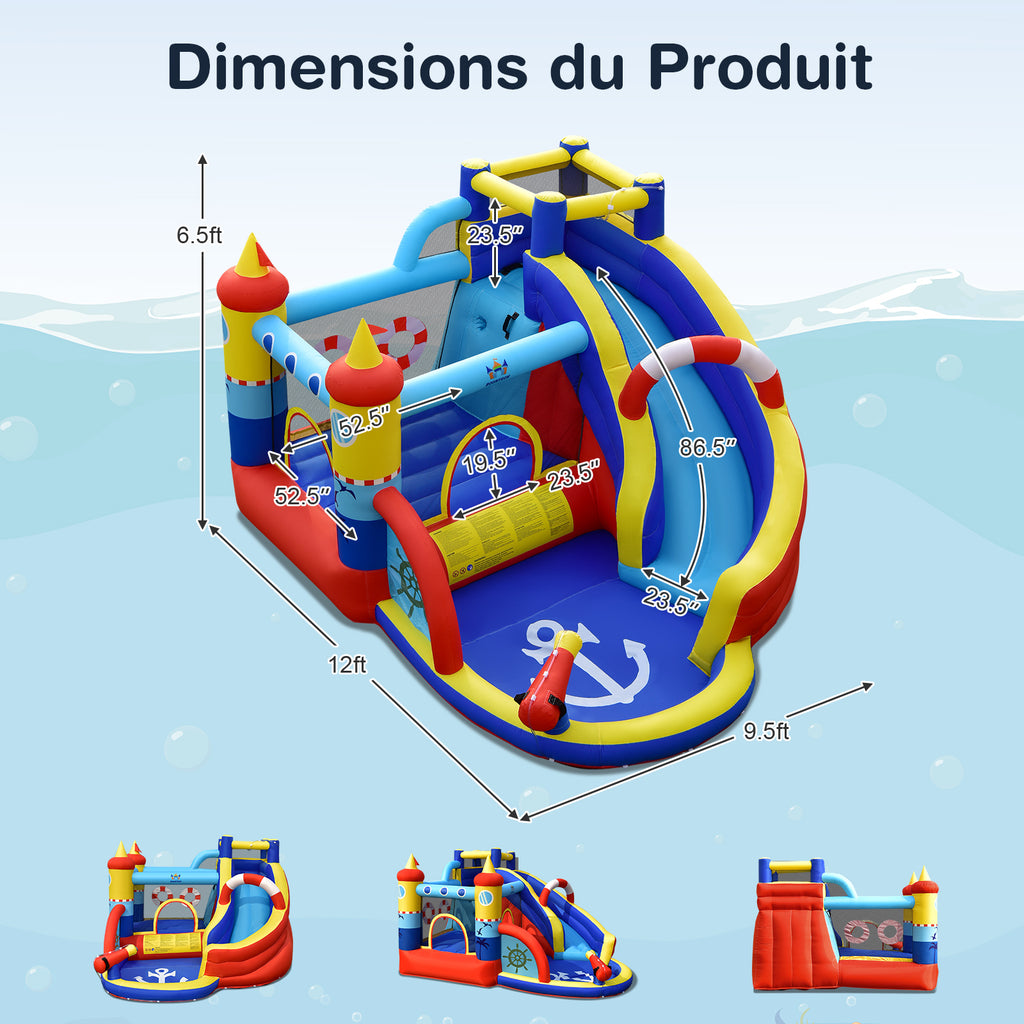 Costway Château gonflable avec souffleur 550 W, parc aquatique 6-en-1, comprend toboggan, piscine et canon à eau