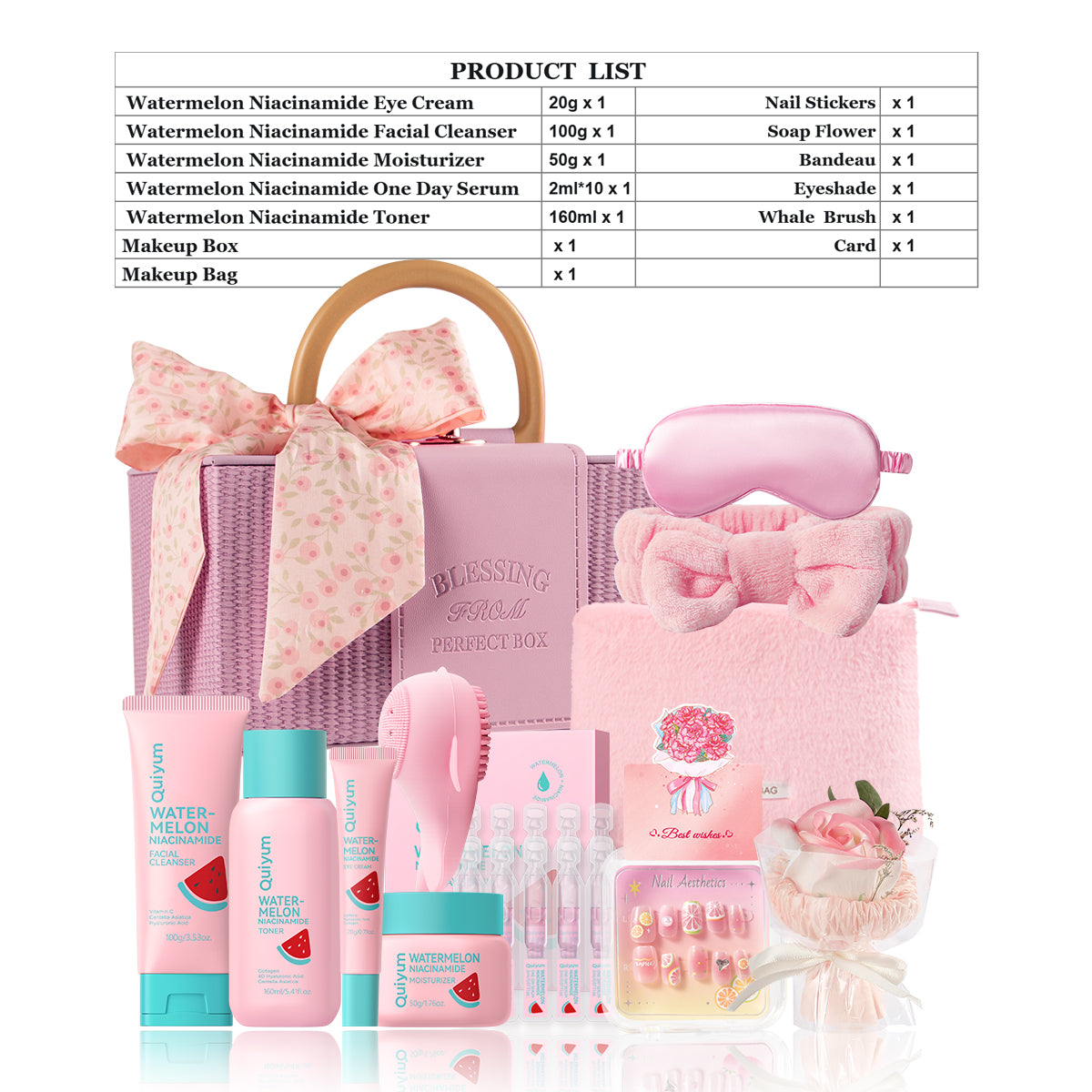 Quiyum Coffret de soins à la pastèque 12 pièces comprenant Nettoyant 100 g, Lotion tonique 160 ml, Sérum 2 ml × 10, Crème contour des yeux 20 g, Crème 50 g, Autocollants pour ongles