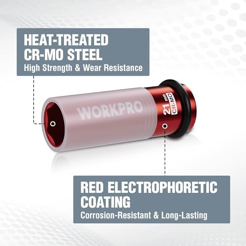 WORKPRO Douille de protection de pneu 1/2" Dr. x 21 mm - Rouge avec anneau en caoutchouc