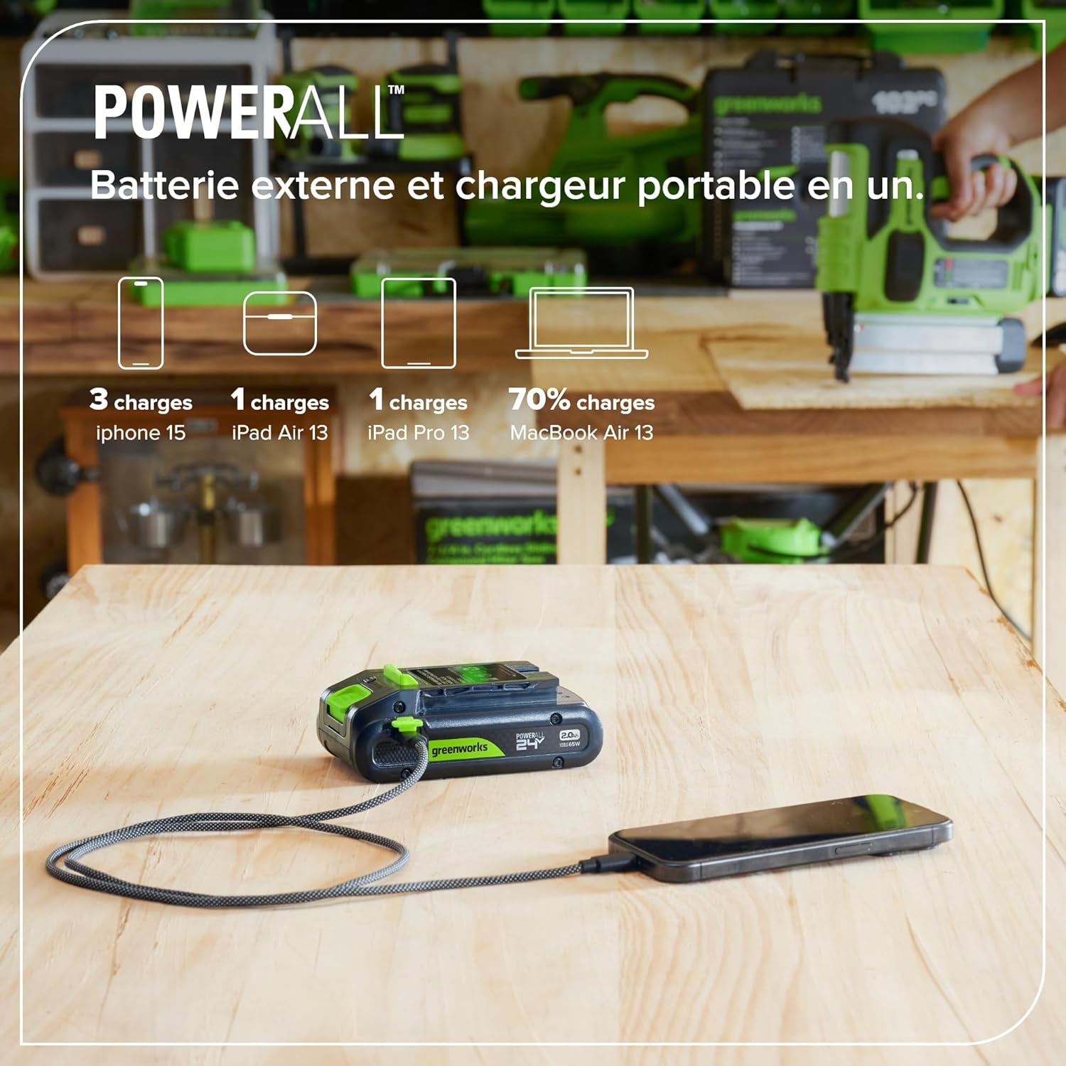 Greenworks Kit de Démarrage 24 V 1x Batterie USB HP 2 Ah + Chargeur 65 W + Câble 100 W 1 m