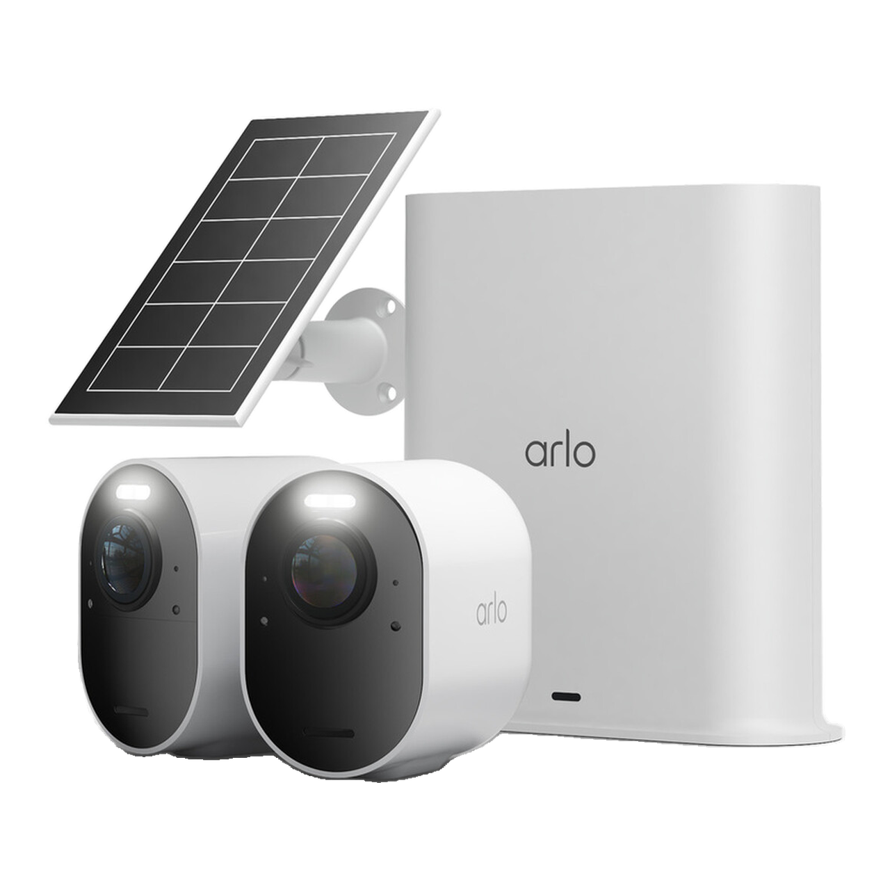 Arlo VMC5250-111EUS Caméra de Sécurité extérieure Ultra 3 4K WiFi sans Fil, Kit de 2 Caméras + Panneau Solaire et Smarthub, Détection par IA, Vision Nocturne Couleur, Compatible avec Alexa