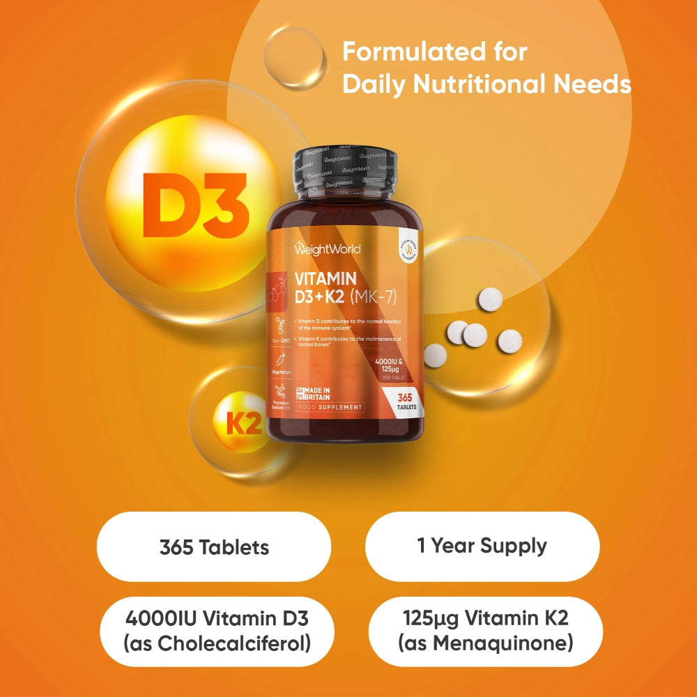 WEIGHTWORLD Vitamine D3 4000IU + K2 (MK-7) 125mcg, 365 Comprimés