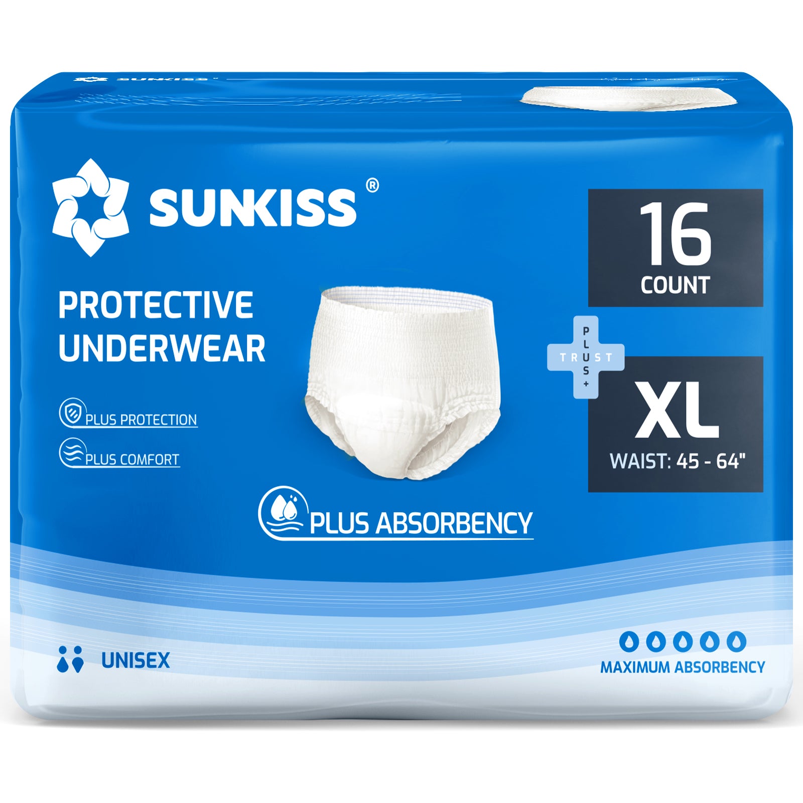 SUNKISS TrustPlus Sous-vêtements protecteurs jetables unisexes pour incontinence et post-partum, Absorption confort nuit, Taille XLarge, 16 unités