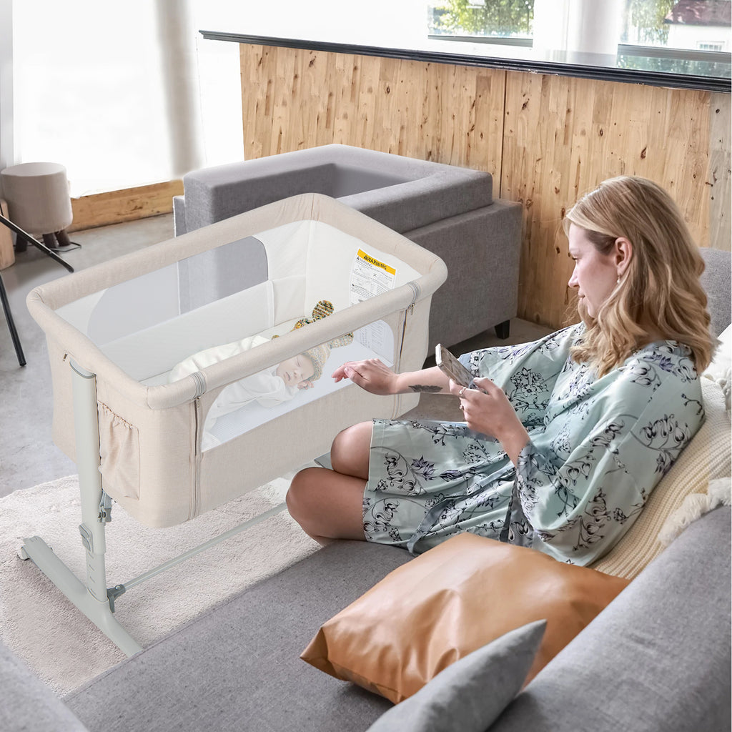 Berceau de chevet portable pour bébé avec 5 hauteurs réglables et sac de voyage - Beige