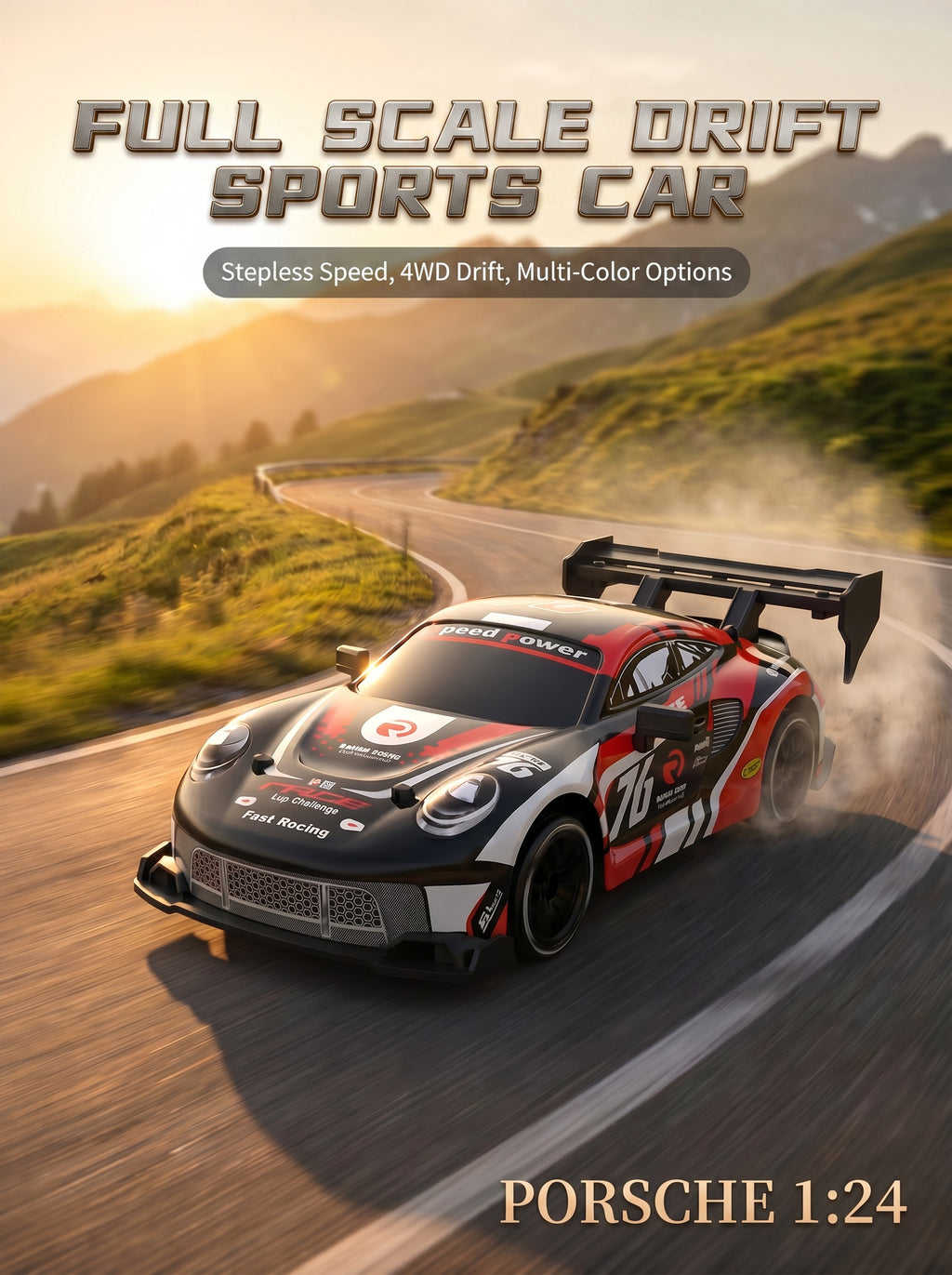 Voiture de Drift RC 4WD Porsche 1:24, Haute Vitesse 2,4 g, Moteur 25000 RPM, Pneus de Drift et Lumières LED, Jouet de Course Intérieur Portée 50 m pour 8 Ans et Plus, One Piece en Noir