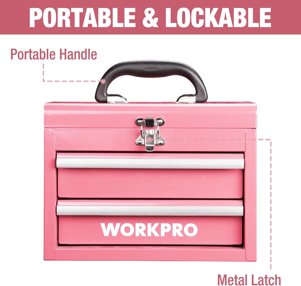WORKPRO Mini mallette de transport en métal avec 2 tiroirs (guidage à roulements amélioré, avec serrure et poignée) - rose