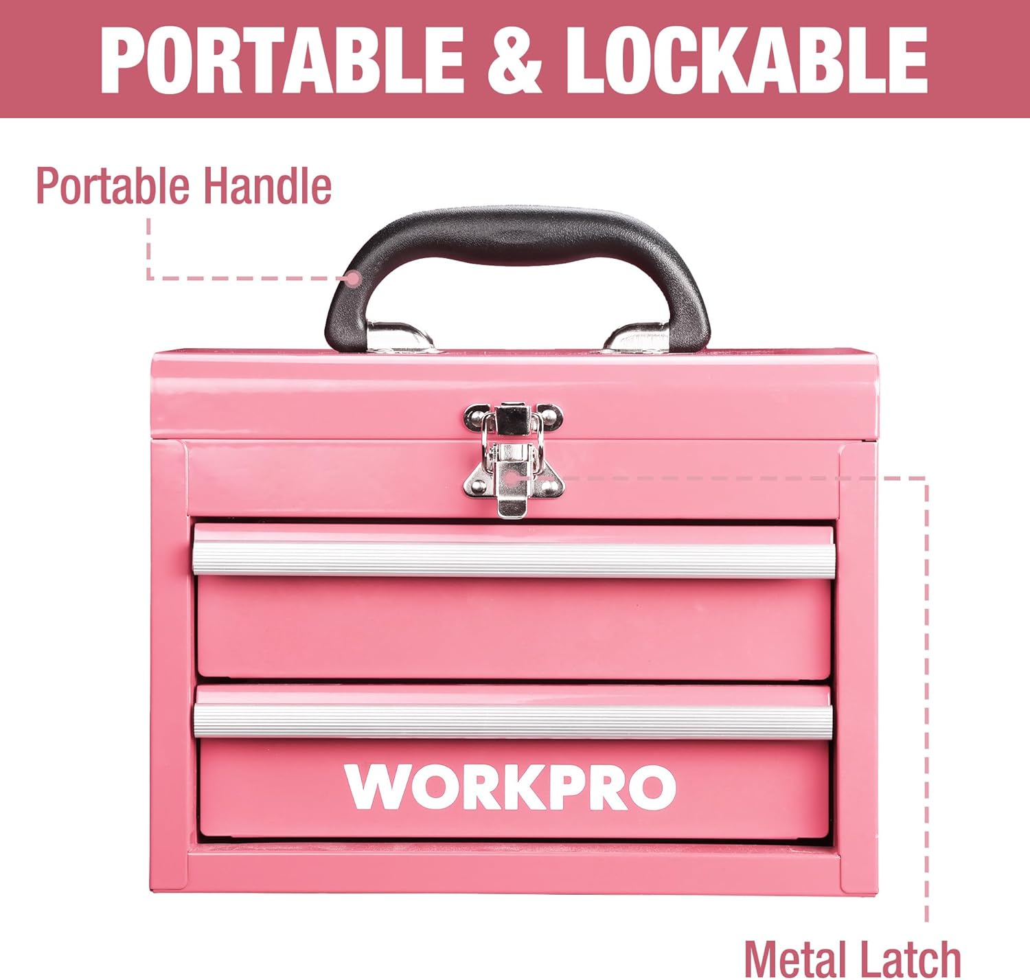 WORKPRO Mini mallette de transport en métal avec 2 tiroirs (guidage à roulements amélioré, avec serrure et poignée) - rose