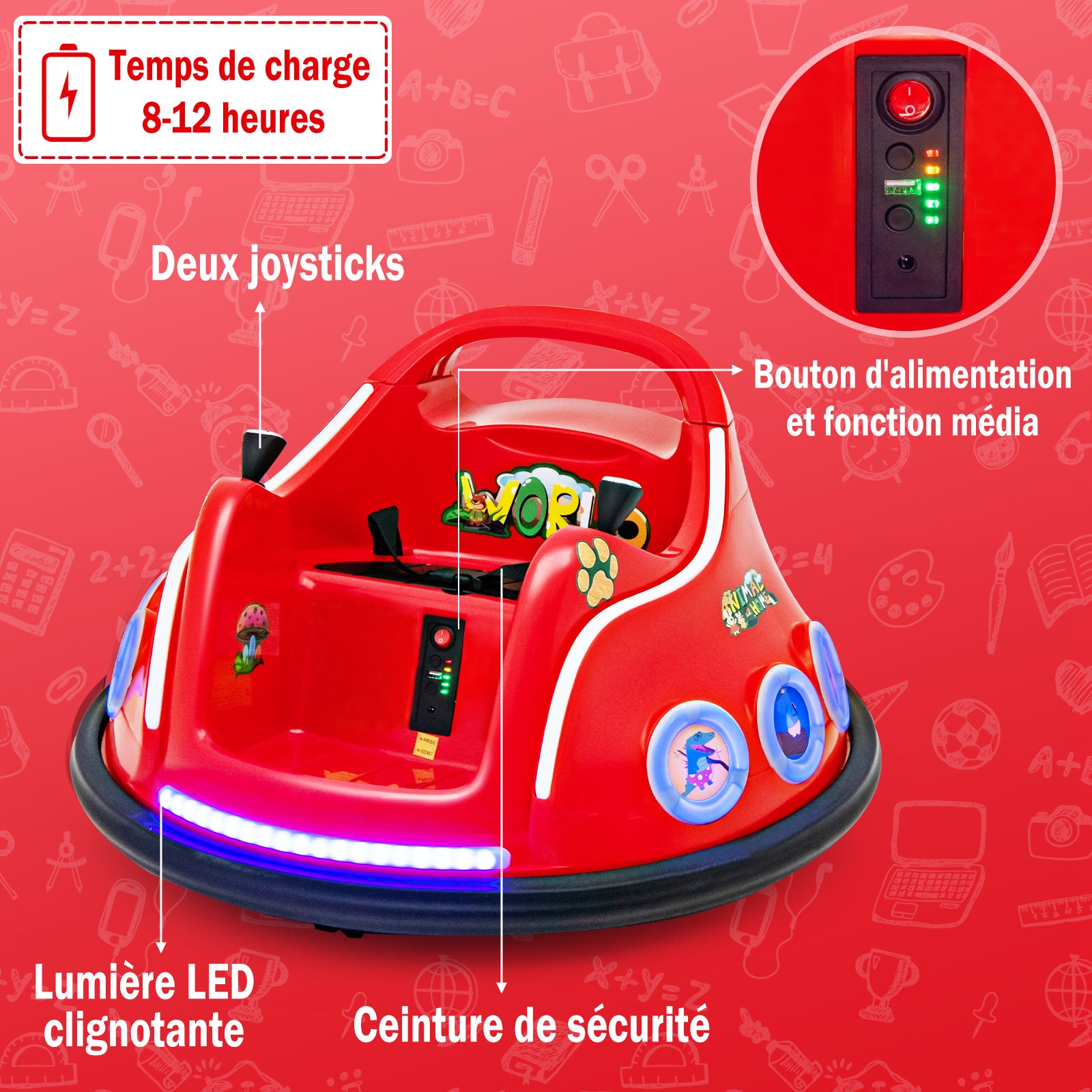 Voiture de course pour enfants 12 V, rotation à 360 degrés, avec musique, lumières et télécommande, rouge