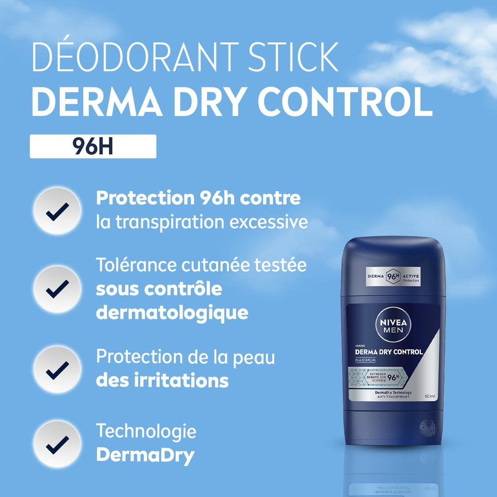 NIVEA MEN Déodorant Aisselles Derma Dry Control 96H Stick 50 ml