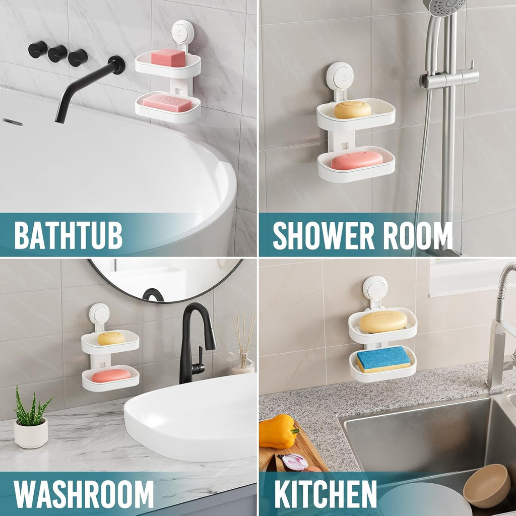 TAILI Porte-savon à ventouse double couche, support à éponge robuste pour douche, salle de bain, baignoire et évier de cuisine, sans perçage, amovible