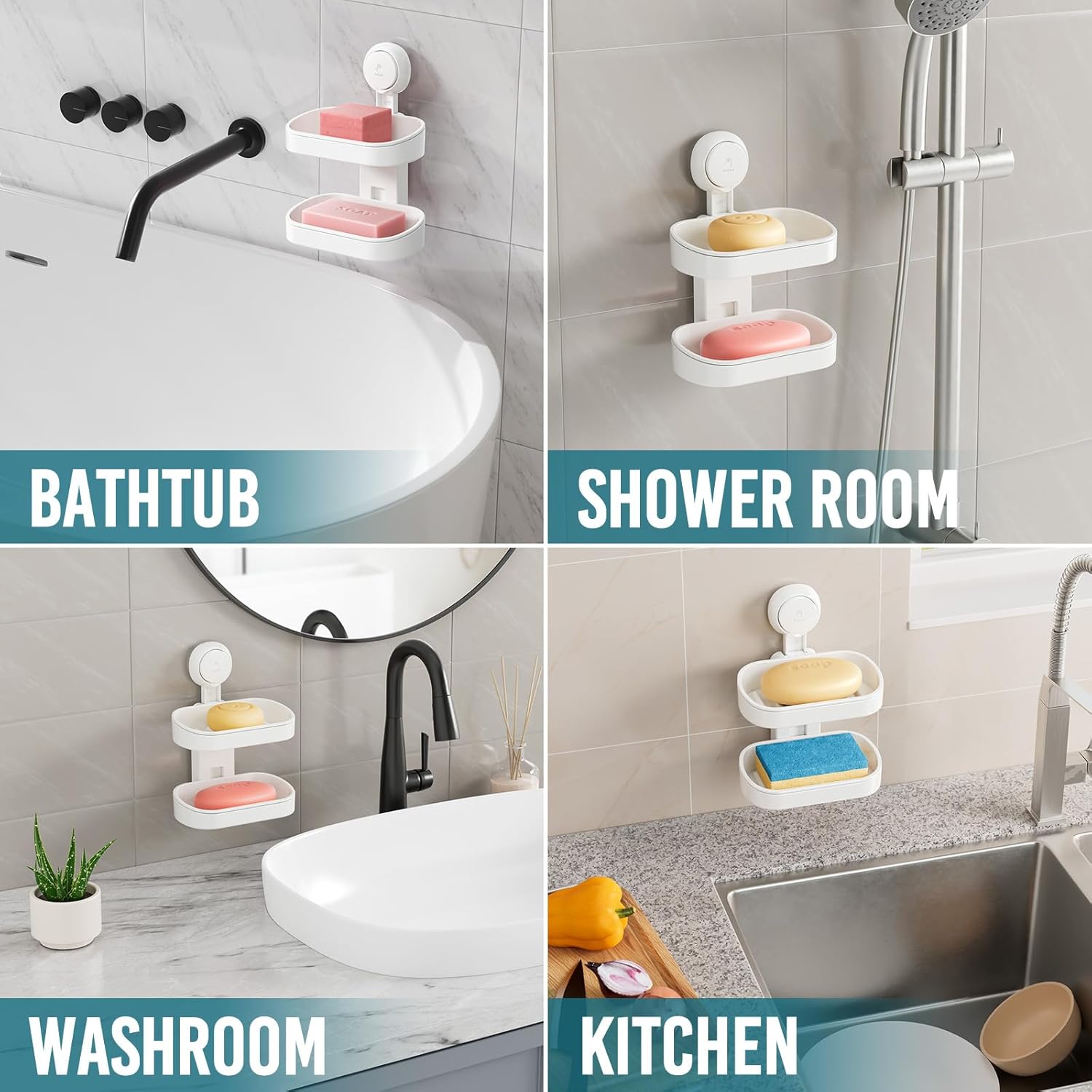 TAILI Porte-savon à ventouse double couche, support à éponge robuste pour douche, salle de bain, baignoire et évier de cuisine, sans perçage, amovible