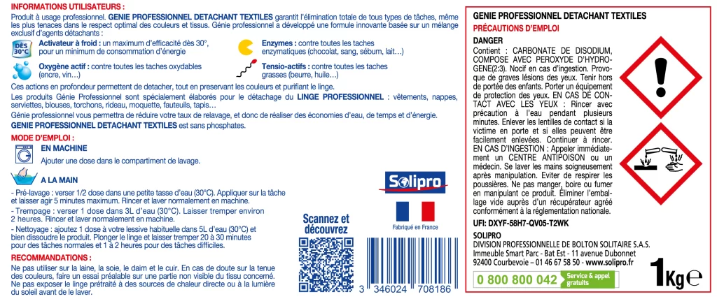 GENIE Détachant textile en poudre professionnel à l'oxygène actif activateur à froid 1 kg