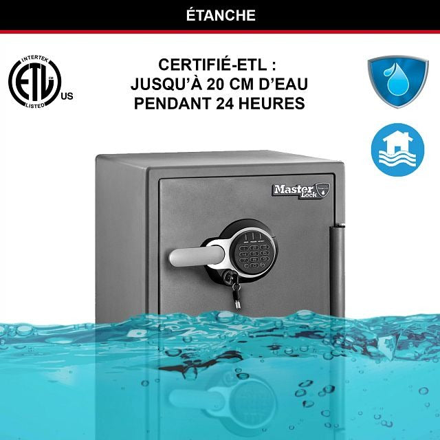 Master Lock Coffre-fort certifié résistant au feu et à l’eau, 56 L, 605 x 472 x 690 mm, serrure à code numérique avec clé de secours et clavier rétroéclairé, pour la maison et les professionnels