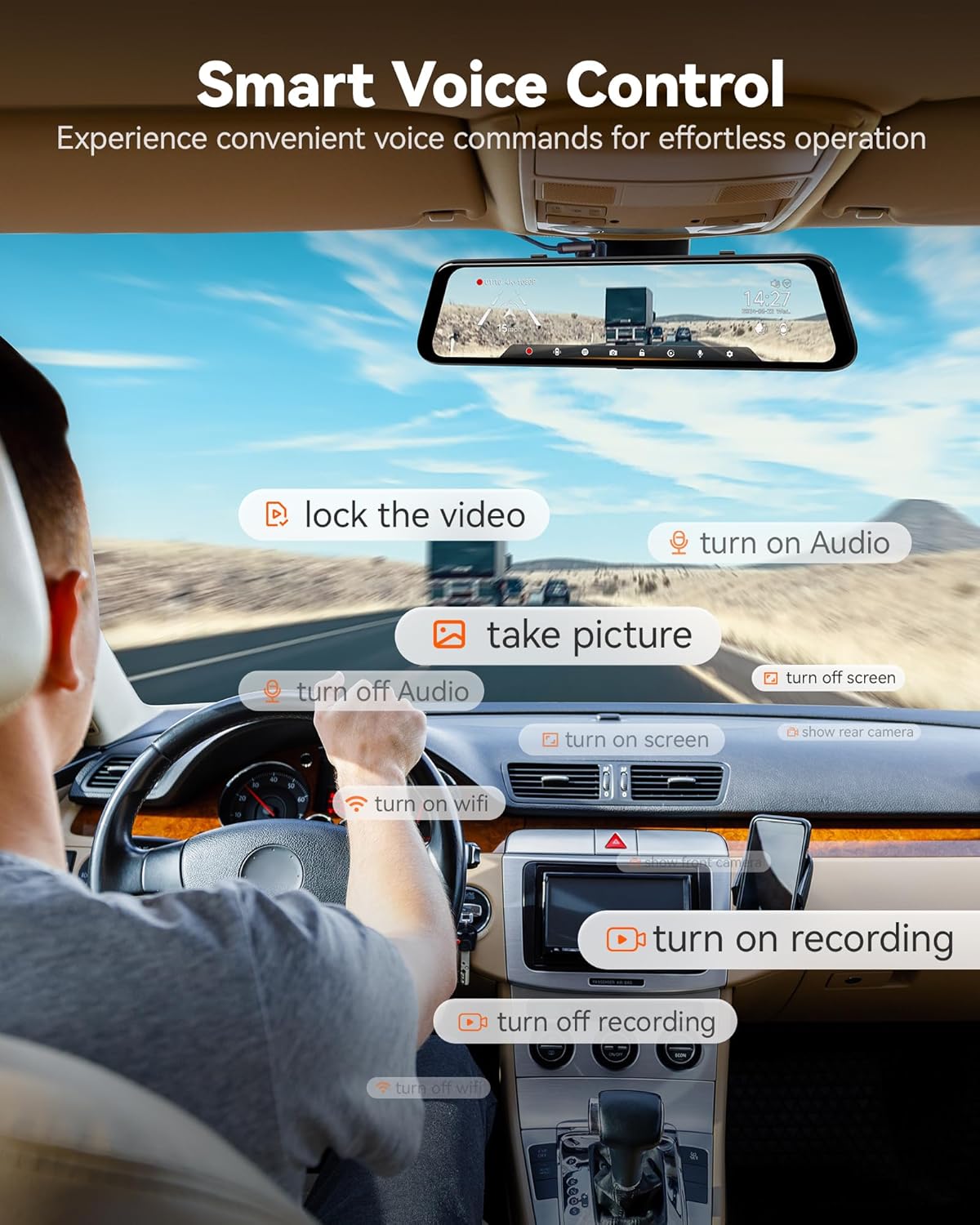 WOLFBOX G850 PRO Dashcam miroir 4K avec ADAS et BSD, commande vocale intelligente Wi-Fi 5,8 GHz, caméra arrière 12 pouces, carte 64 Go, GPS, capteur de gravité, enregistrement en boucle
