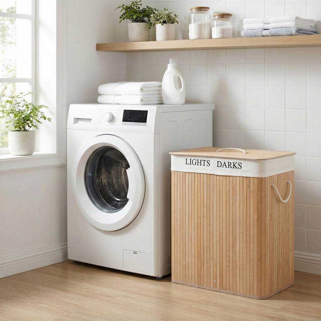 JOYFURNOS Panier à linge en bambou naturel avec 2 compartiments, 100 litres, pliable avec sac amovible, 52 x 63 x 32 cm