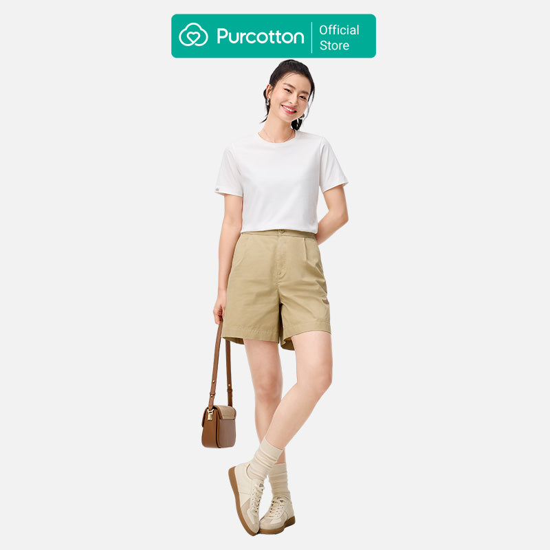 Purcotton T-shirt Femme Col Rond Antibactérien - Confortable & Doux Pour La Peau - Polyvalent & Basique - Commutation Quotidienne - Blanc - 165/88A