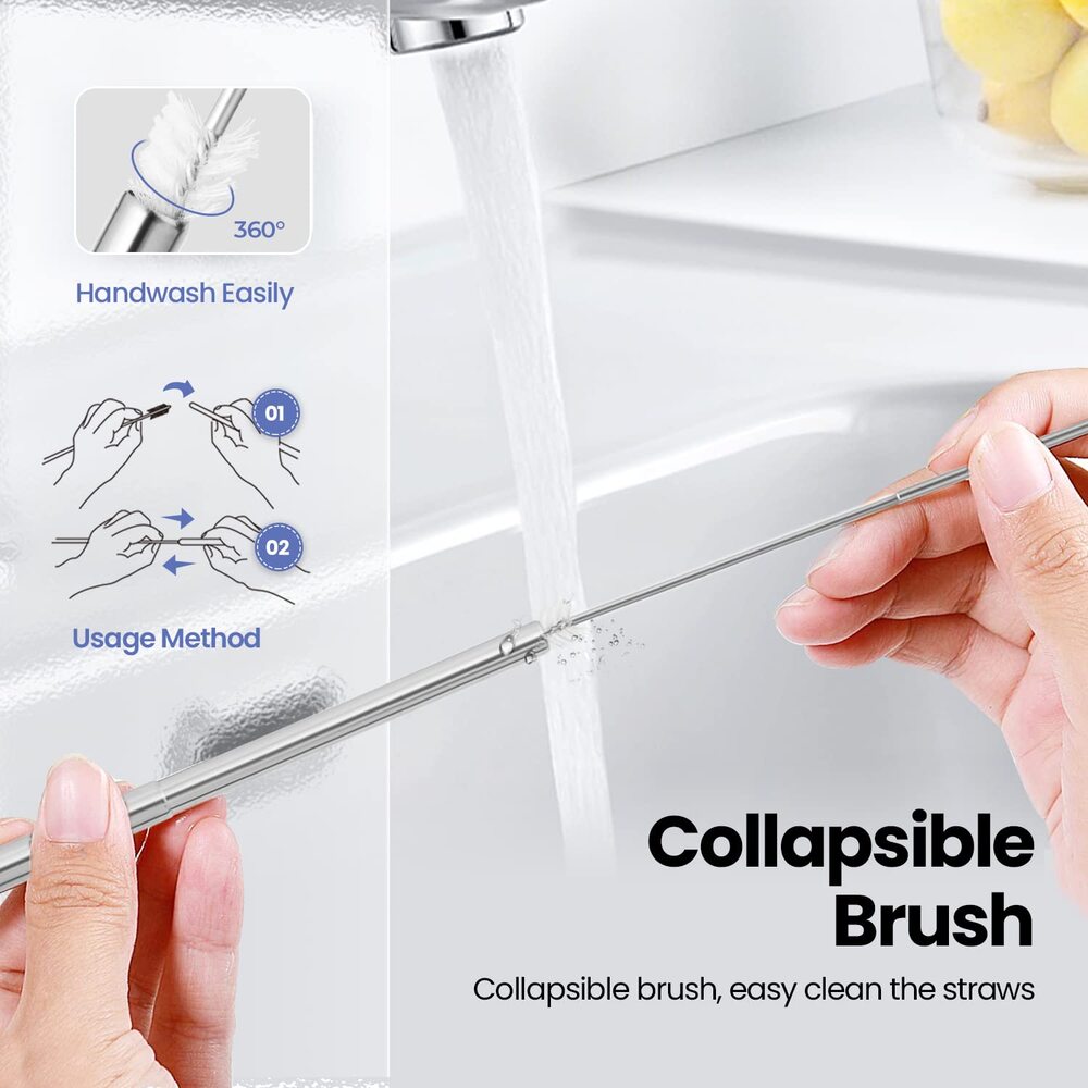 M&Co Lot de 4 pailles pliables réutilisables en acier inoxydable, Finition plaquée or, Conception portable, Brosse de nettoyage incluse, Goût neutre