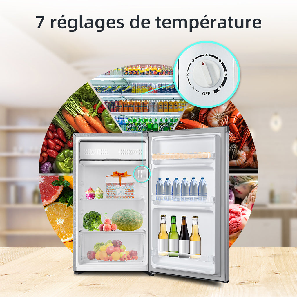 CHiQ JR99DWE Réfrigérateur 92 L avec compartiment congélateur, design compact de 0,22 m², silencieux, classe énergétique E - Argent