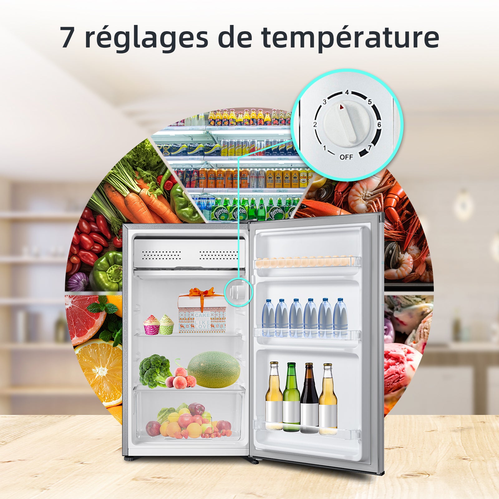 CHiQ JR99DWE Réfrigérateur 92 L avec compartiment congélateur, design compact de 0,22 m², silencieux, classe énergétique E - Argent