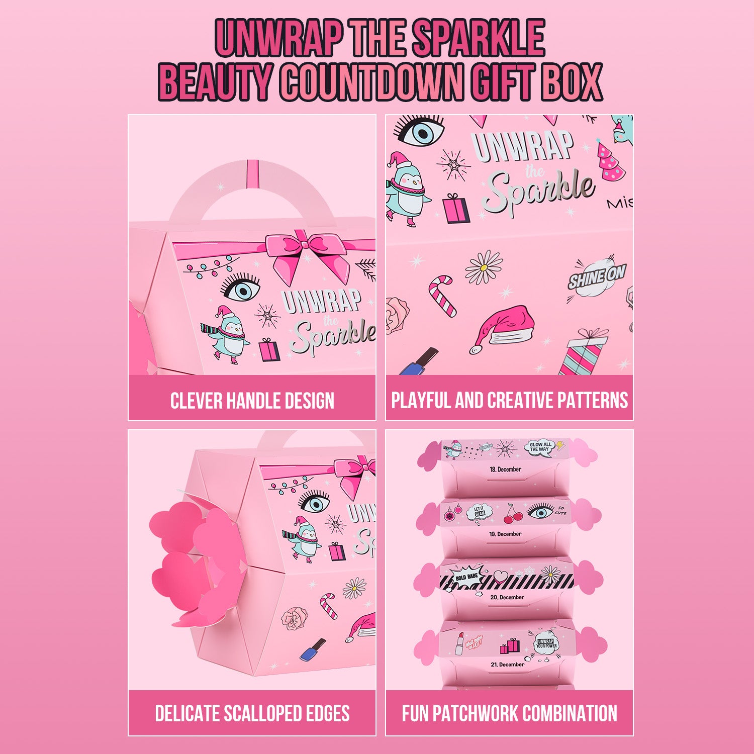Misslyn Coffret cadeau compte à rebours surprise pétillante, coffret cadeau beauté brillant à déballer, 23 articles comprenant rouges à lèvres, gloss à lèvres, palettes de fards à paupières, maquillage et outils de maquillage