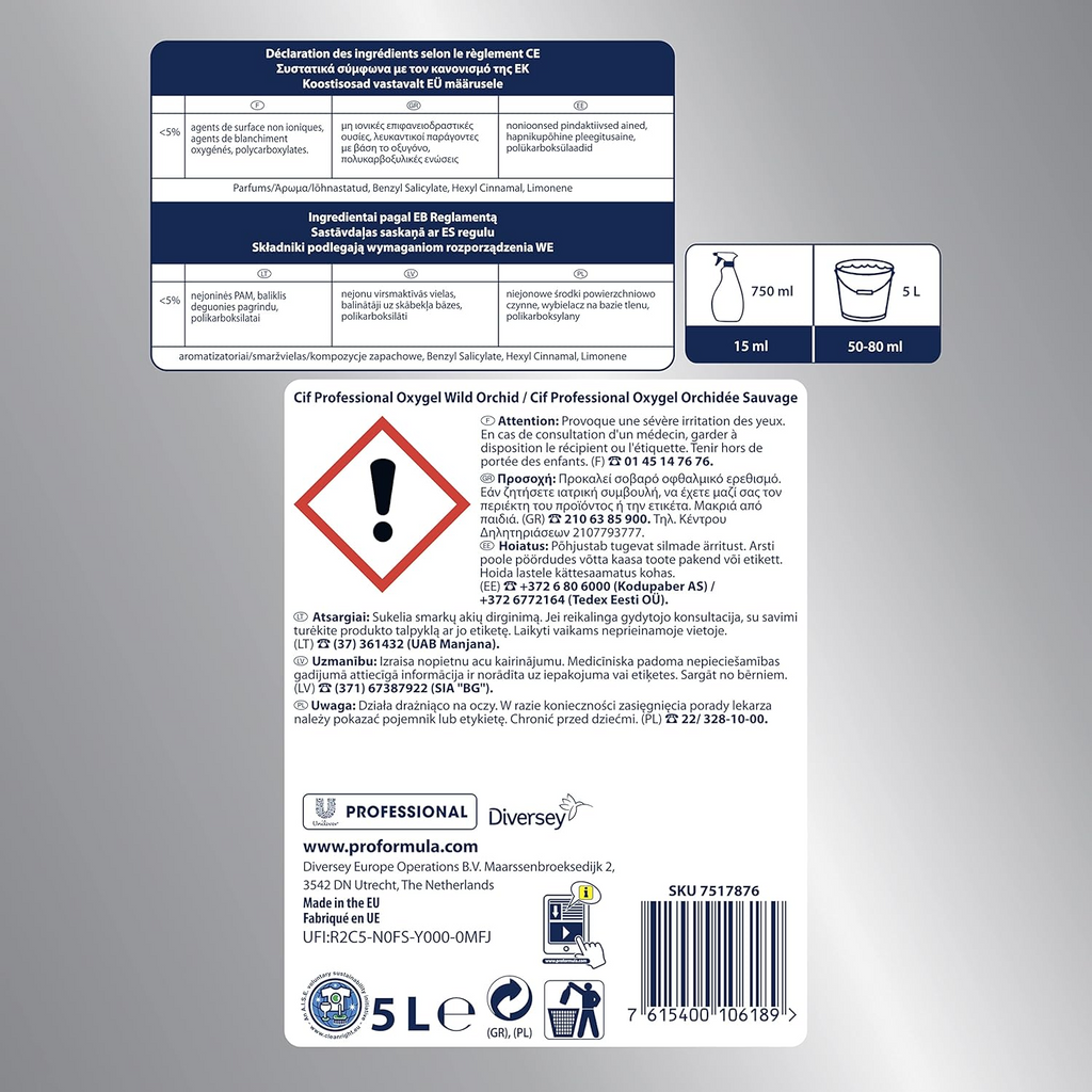 CIF Oxygel Nettoyant professionnel sols et multi-surfaces concentré à l'oxygène actif Orchidée 5 L