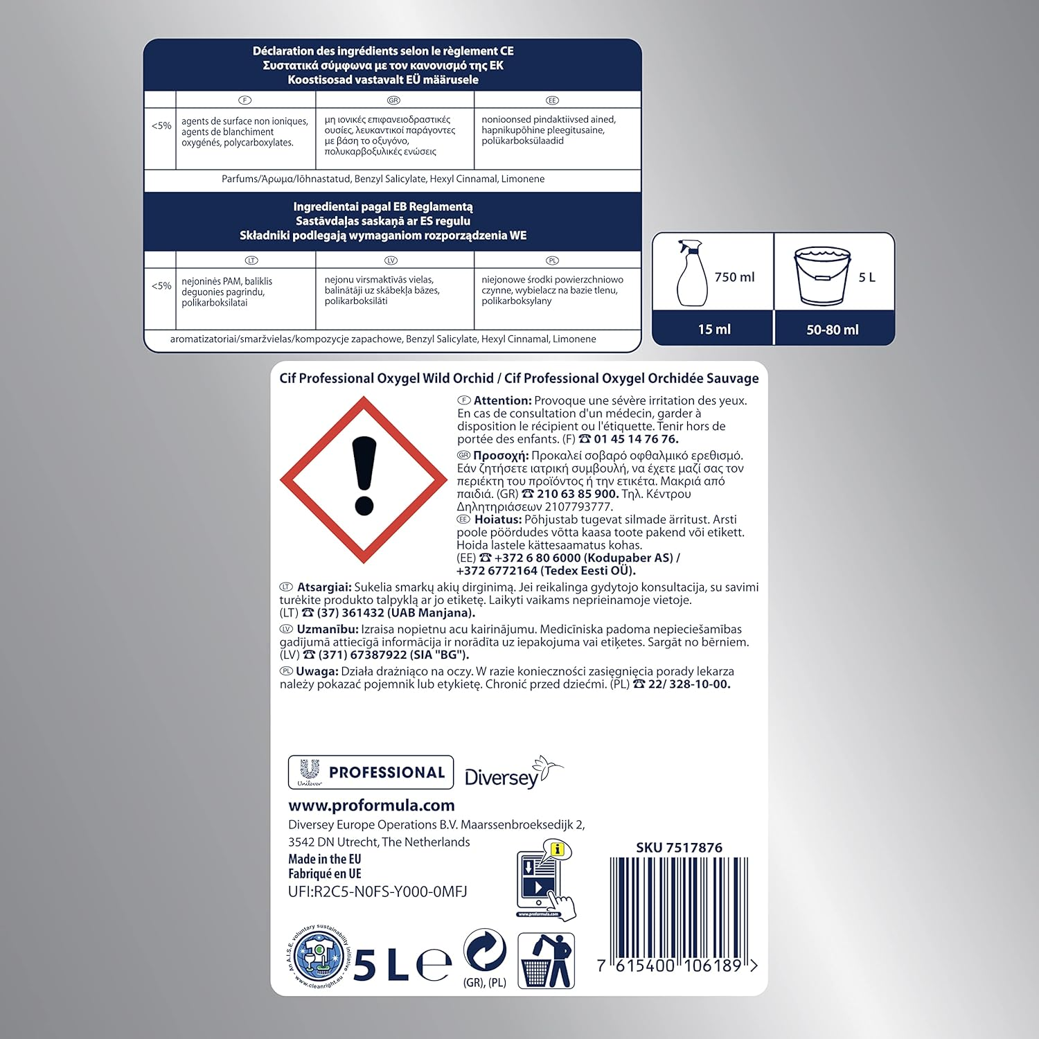 CIF Oxygel Nettoyant professionnel sols et multi-surfaces concentré à l'oxygène actif Orchidée 5 L
