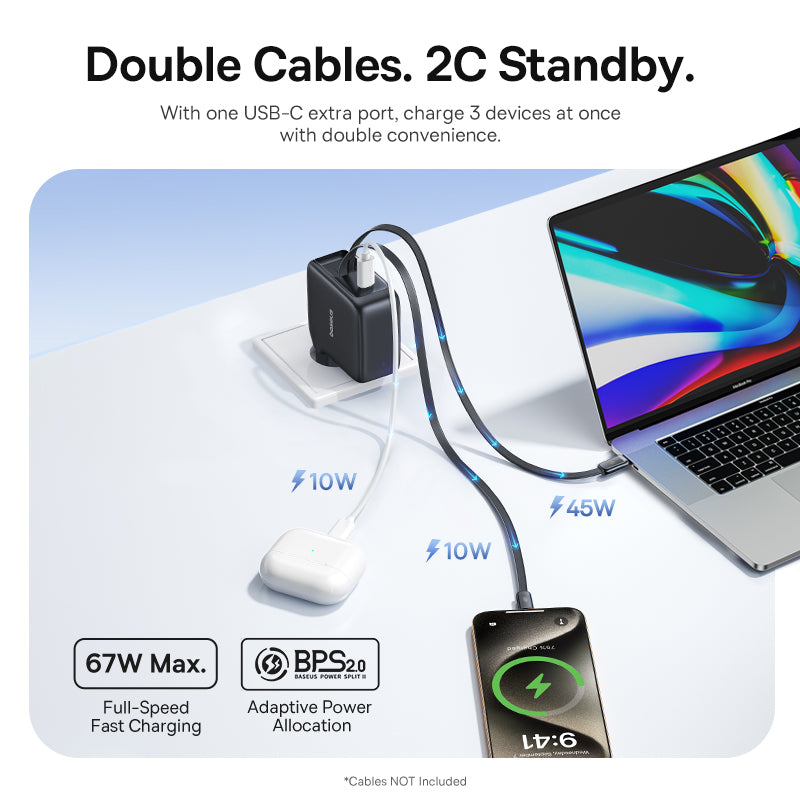 Baseus EnerCore CJ21 USB-C Chargeur avec 2 cables rétractables 3C 67 W - Noir interstellaire