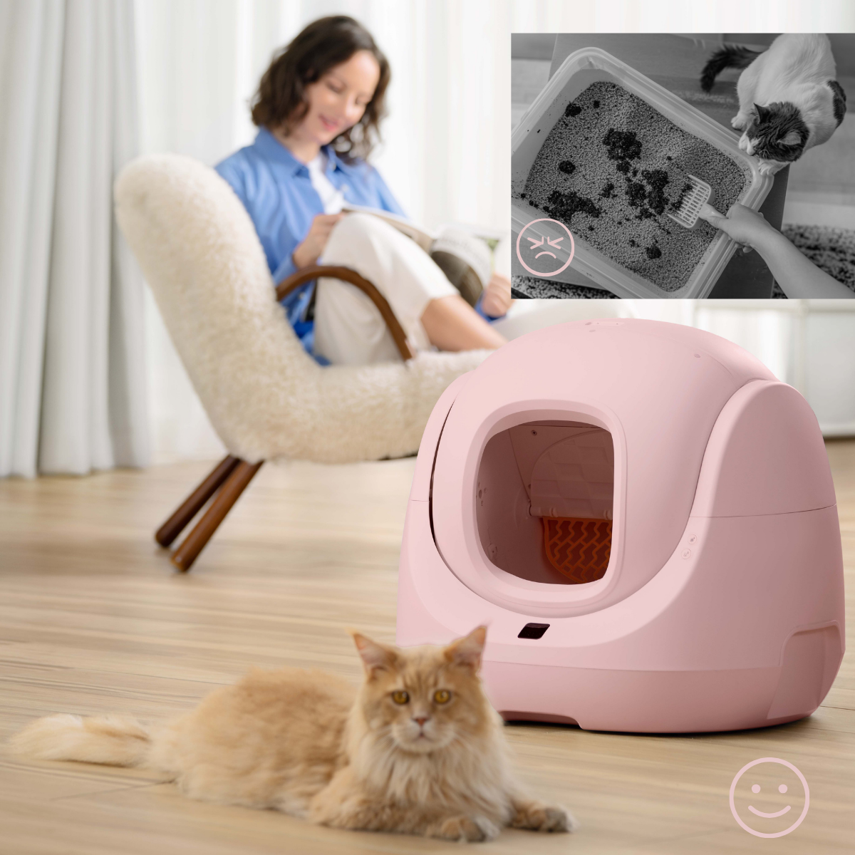 CATLINK Bac à litière pour chat intelligent autonettoyant rose, Protection de sécurité anti-pincement, Système de suivi de santé par IA, Technologie d’identification multi-chats