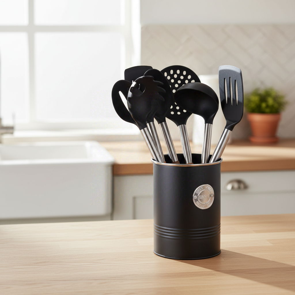 Set d'ustensiles de cuisine antiadhérents résistants à la chaleur avec support : spatule et cuillère