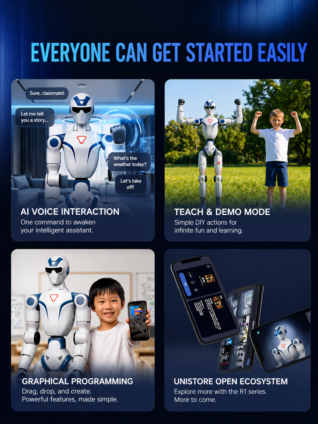 Unitree En stock, livraison le lendemain ! Robot humanoïde R1 Air, intelligence incarnée, caméra monoculaire, 20 degrés de liberté, interaction intelligente avec modèle vocal IA, coloris bleu et blanc