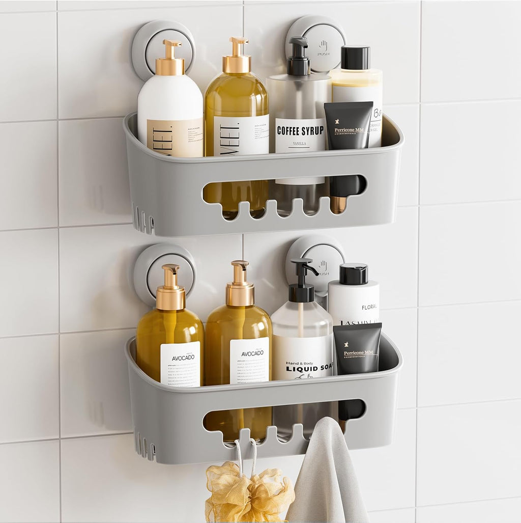 Taili Lot de 2 paniers de douche à ventouses, Organisateur de salle de bain robuste, Étagères amovibles pour intérieur de douche, Support pour shampoing