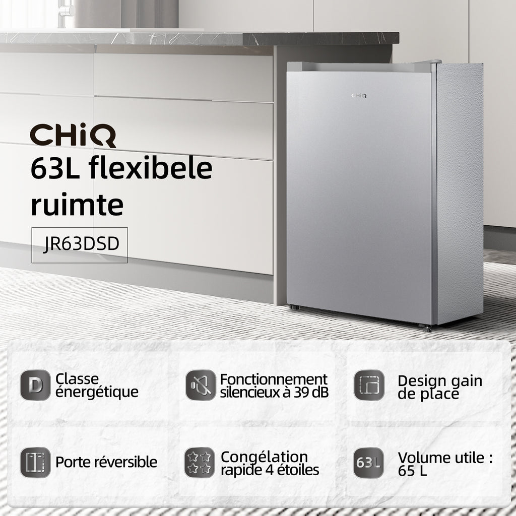 CHiQ JR63DSD Congélateur vertical 63 L, congélation rapide 4 étoiles, design compact 47 cm de large, silencieux 38 dB, dégivrage manuel, porte réversible, finition argent, classe énergétique D
