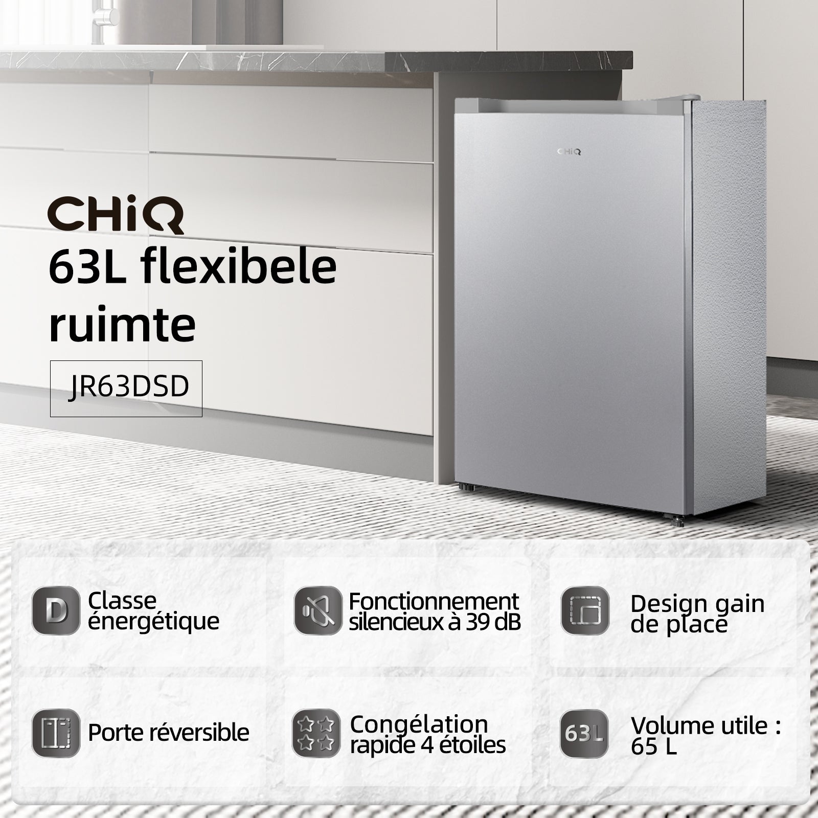 CHiQ JR63DSD Congélateur vertical 63 L, congélation rapide 4 étoiles, design compact 47 cm de large, silencieux 38 dB, dégivrage manuel, porte réversible, finition argent, classe énergétique D