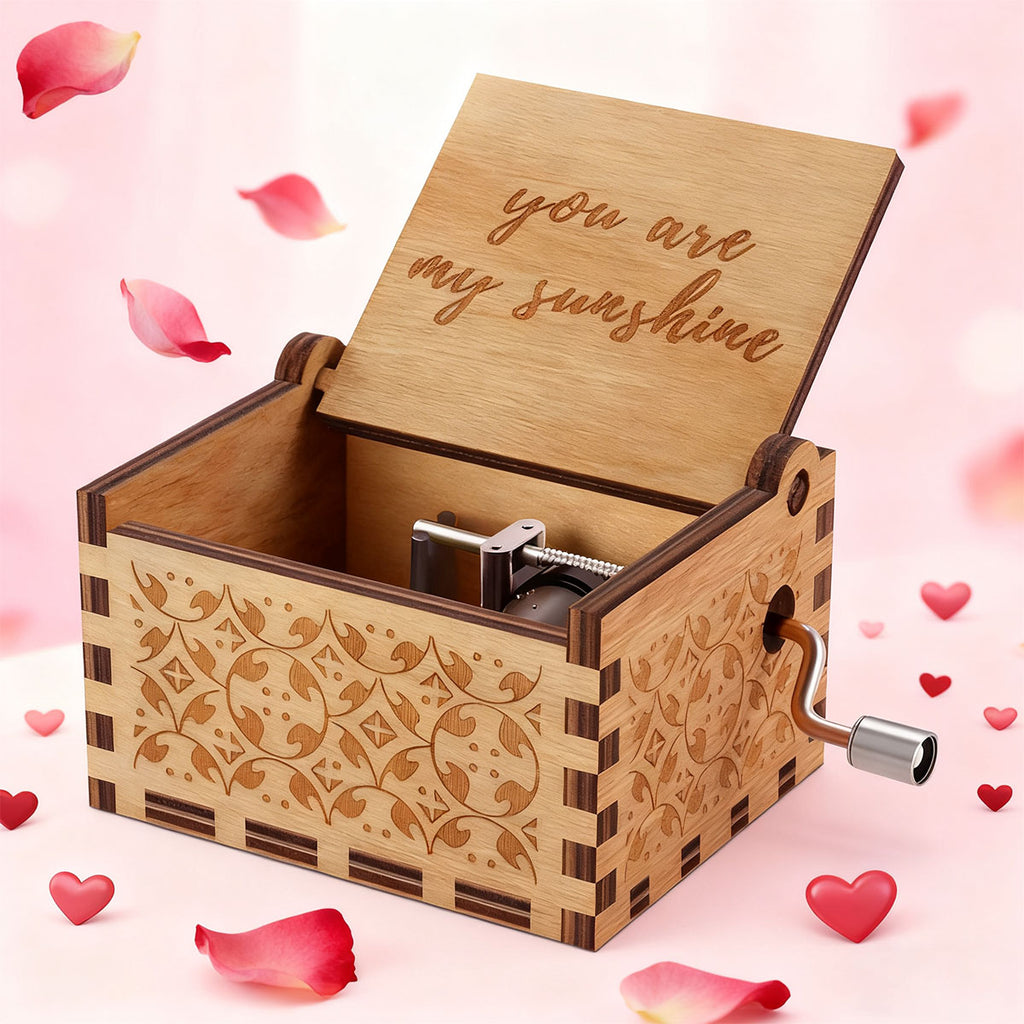 Alphynix Boîte à musique à manivelle 1 pièce, Intérieur gravé "Tu es mon rayon de soleil", Cadeau musical rétro en bois avec motifs floraux sculptés