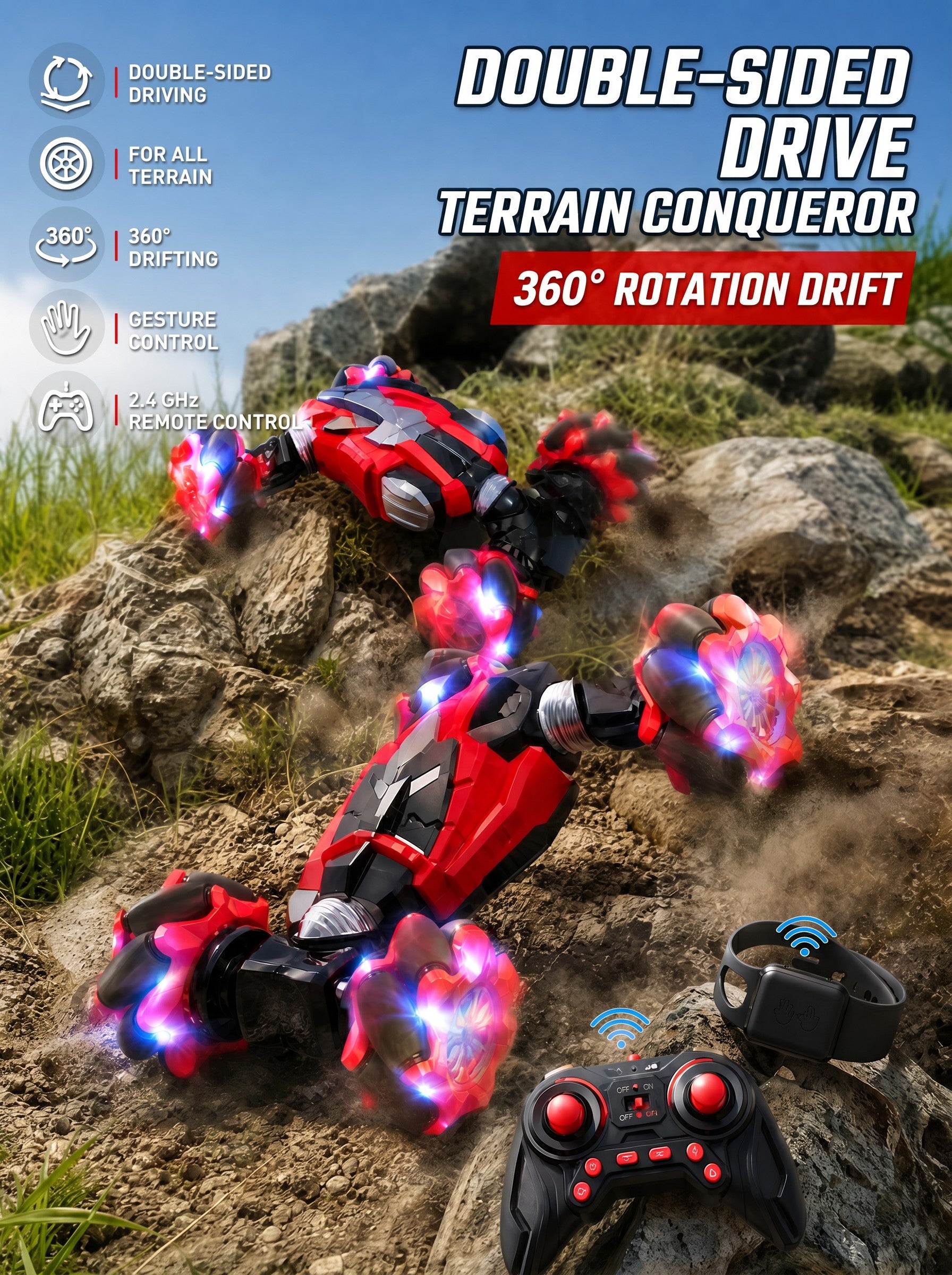 Voiture de Cascade RC Gestuelle 4WD 26cm, Véhicule Monstre Transformable de Montagne de Plein Air Double Contrôle 2,4 g, Cadeau de Loisirs pour Garçons et Filles à Partir de 8 Ans, One Piece en Rouge