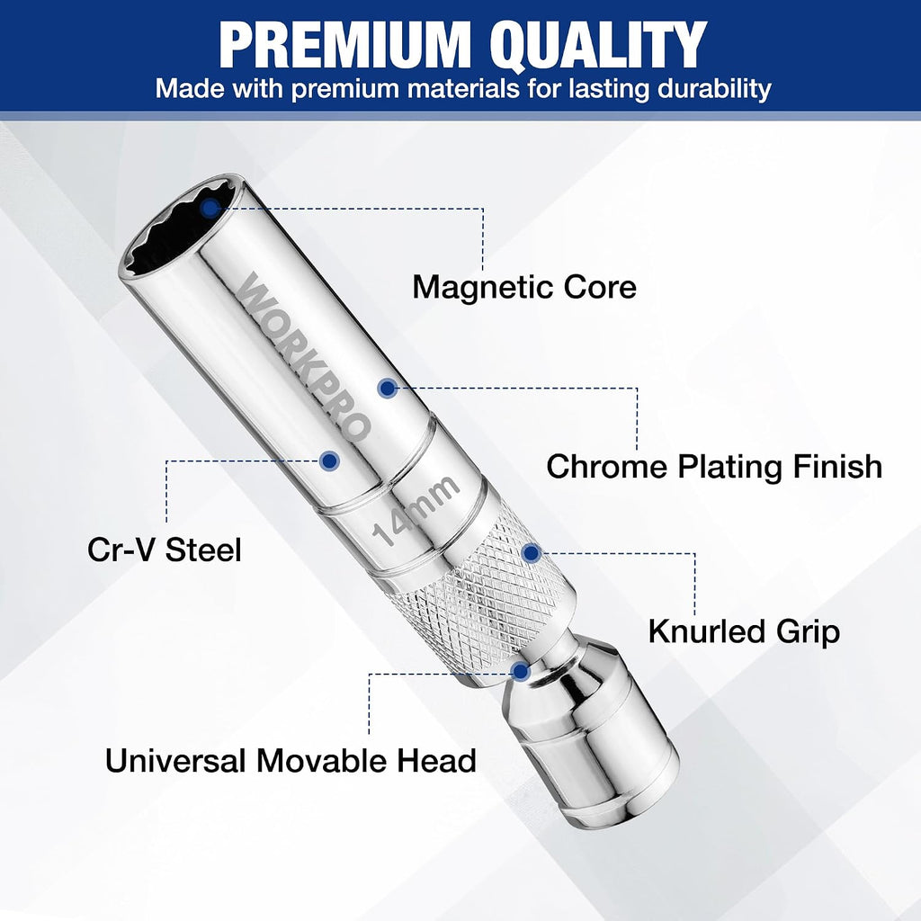 WORKPRO 14 mm Douille magnétique pour bougie d'allumage, 3/8" de couple x 100 mm acier Cr-V trempé, Forte fixation magnétique, Conception pivotante à 360°