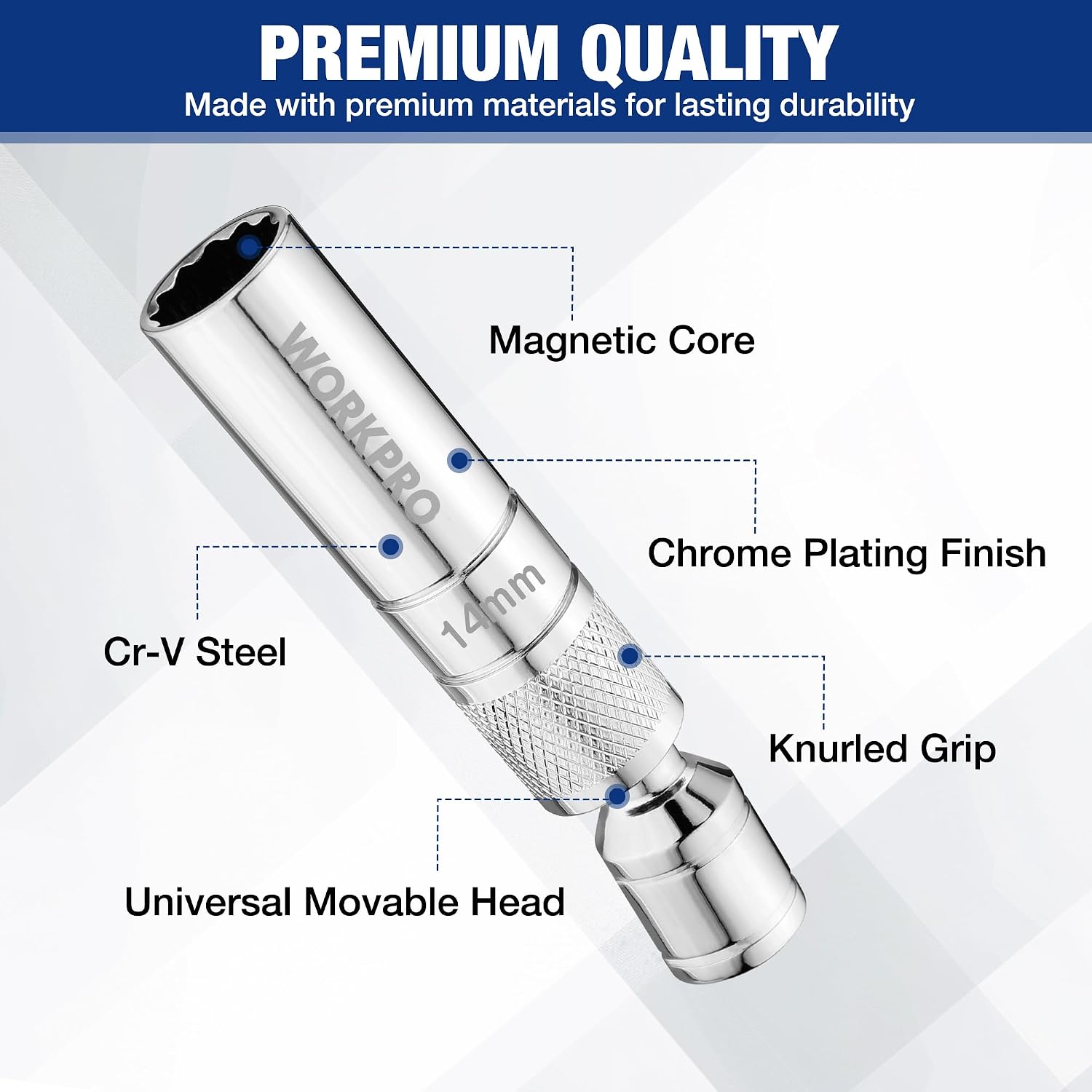 WORKPRO 14 mm Douille magnétique pour bougie d'allumage, 3/8" de couple x 100 mm acier Cr-V trempé, Forte fixation magnétique, Conception pivotante à 360°
