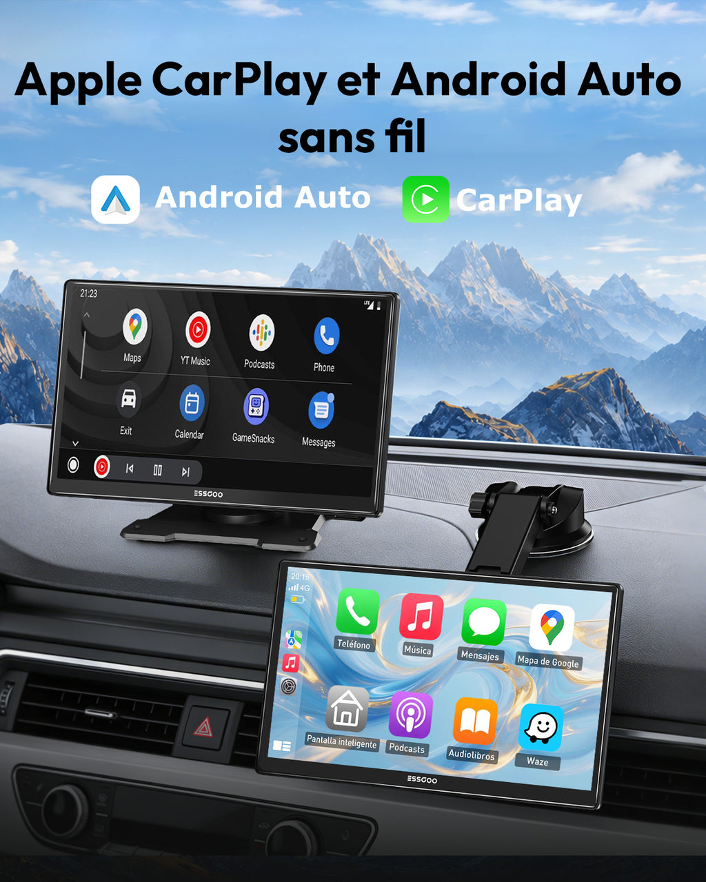 ESSGOO Écran intelligent automobile portable sans fil 9 pouces, CarPlay sans fil et Android Auto avec affichage fluide 60 i/s, Grand écran IPS HD 1024 x 600, Bluetooth, Wi-Fi